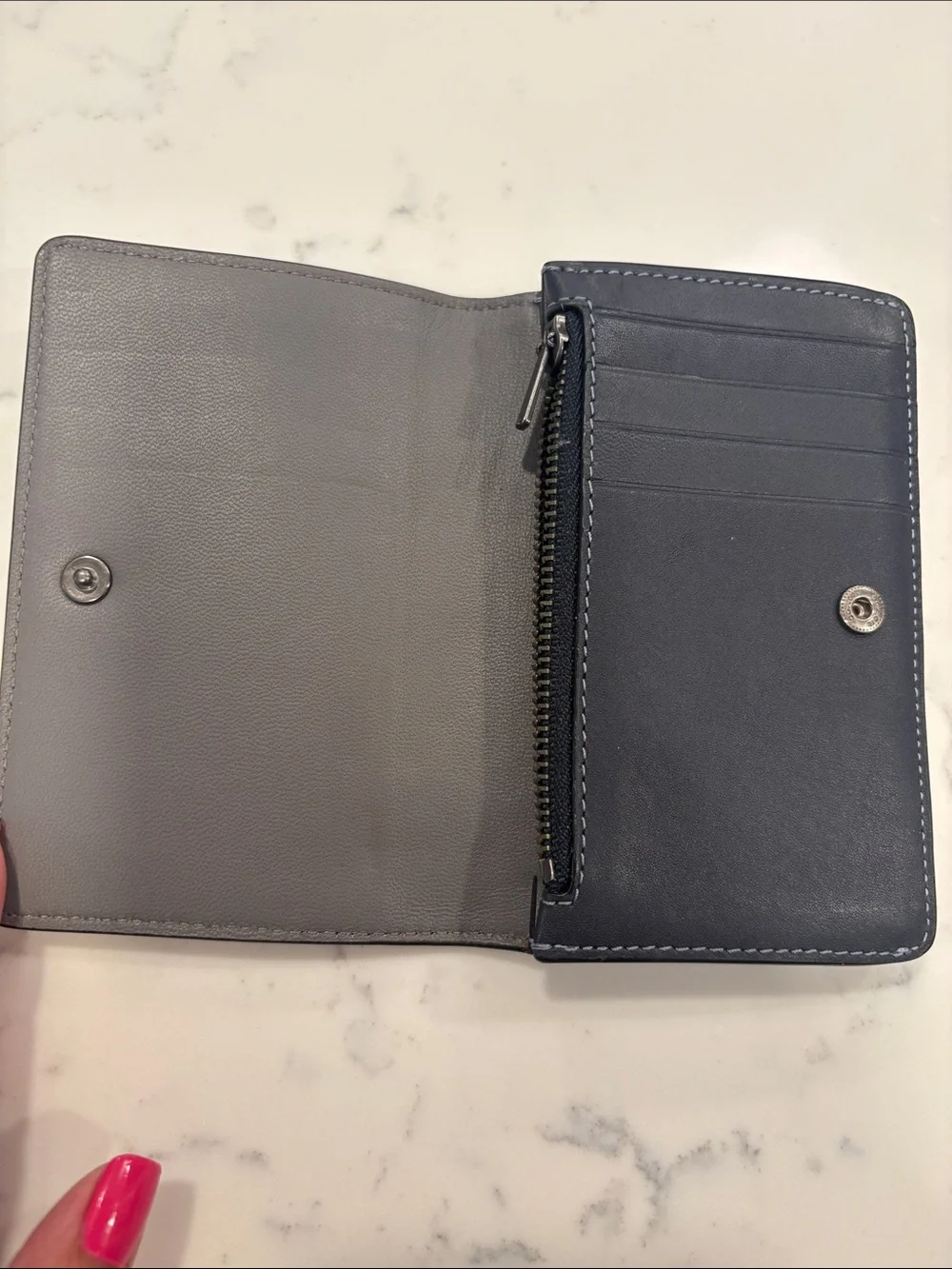 Charcoal grey Leather Wallet with Contrast light blue Stitching